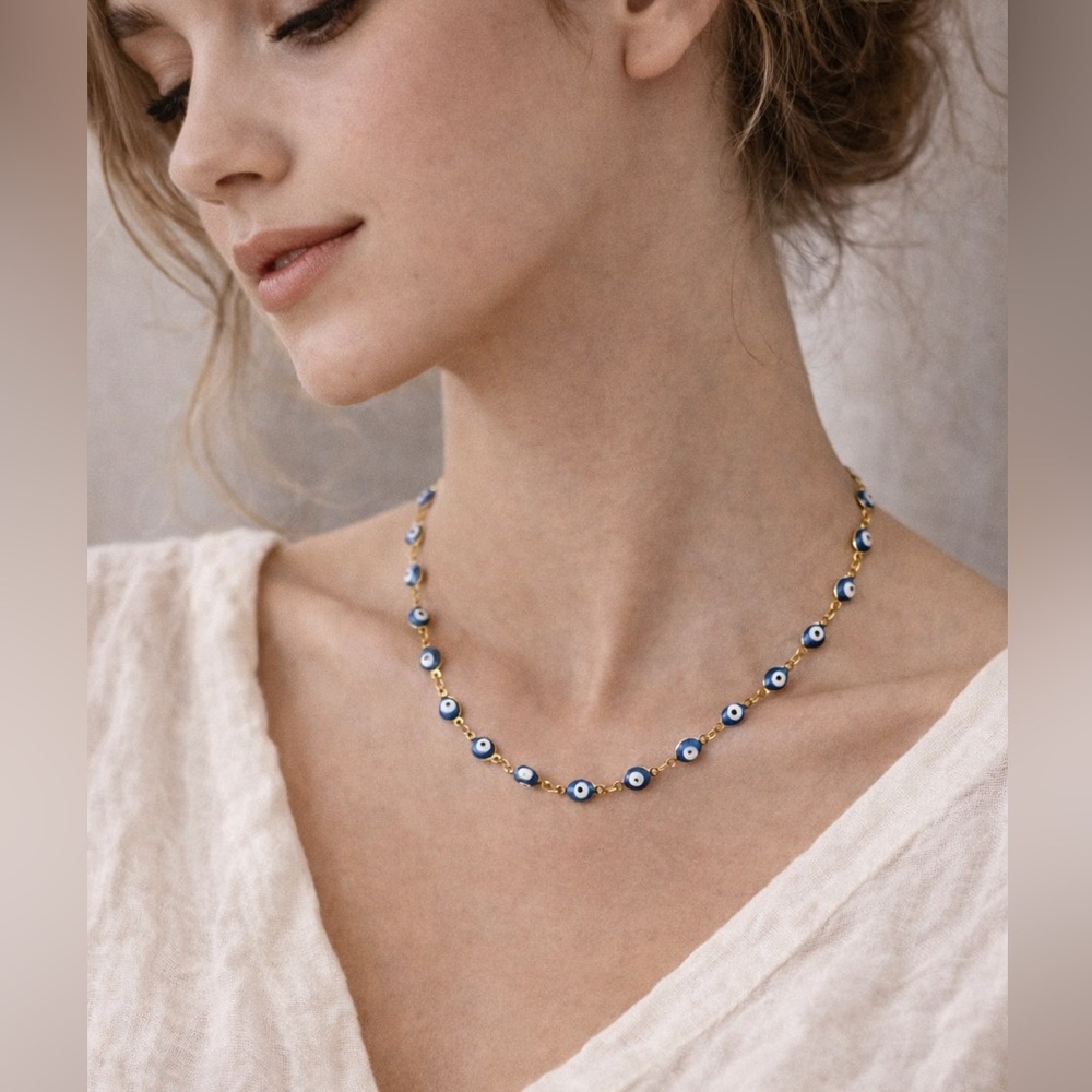 Evil Eye Gold Chain Necklace – Blue Beaded Charm – Boho Chic